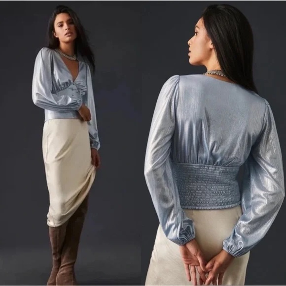 NWT Anthropologie Flat White Smocked Blue Shimmer Blouse sz S